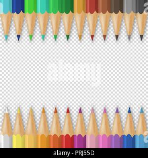 Sfondo vettoriale con realistica 3D colorato in legno matite colorate o pastelli su trasparenza sfondo della griglia con spazio per i messaggi di testo o. Modello di progetto per il ritorno a scuola, bambino il concetto di creatività. Vista superiore Illustrazione Vettoriale