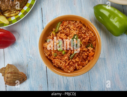 Djuvec , cucina balcanica di cucina tradizionale piatti assortiti, vista dall'alto. Foto Stock