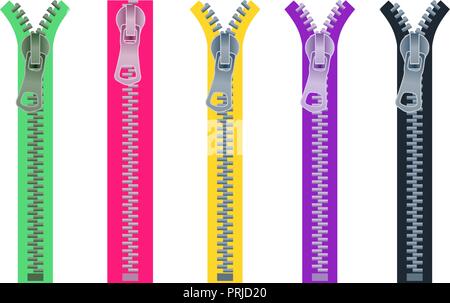 Set di cerniere in metallo per abbigliamento in diversi colori. Aprire e serratura chiusa. Verde, rosso, giallo, viola e nero zip vettore isolato su sfondo bianco. Illustrazione Vettoriale