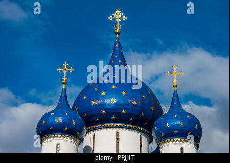 Blue cupole della chiesa russo-ortodossa, Natività della Vergine cattedrale, patrimonio mondiale dell'Unesco, Suzdal, Russia Foto Stock