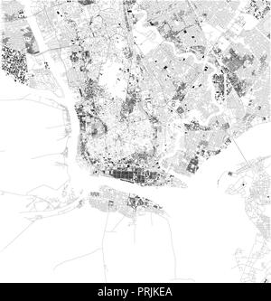 Mappa satellitare di Yangon, Myanmar, per le strade delle città. Mappa della strada, mappa del centro citta'. Asia Illustrazione Vettoriale