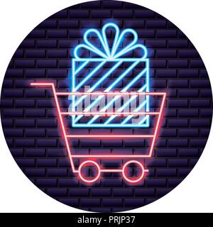 Cyber lunedì carrello online dono neon Illustrazione Vettoriale