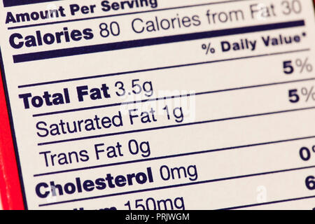 Fat informazioni (di grassi totali e grassi saturi grassi trans) su fatti di nutrizione etichetta - USA Foto Stock