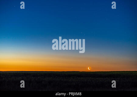 La calante Crescent Moon Rising in stretta congiunzione con Aldebaran appena a destra e vicino alla stella Hyades cluster, tutte annegate nel crepuscolo Foto Stock