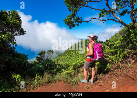 Escursionista sul sentiero Pihea affacciato sulla valle Kalalau, Kokee State Park, Kauai, Hawaii USA Foto Stock