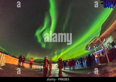 Aurora turisti tenendo nel cielo visualizza il 14 marzo 2018 dal ponte di poppa della nave Hurtigruten il m/s Nordnorge sul viaggio a sud, da una loca Foto Stock