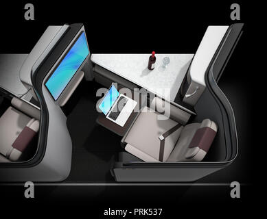 Lussuoso business class suite interno su sfondo nero. Computer portatile sul tavolo del vassoio. Il rendering 3D'immagine. Foto Stock