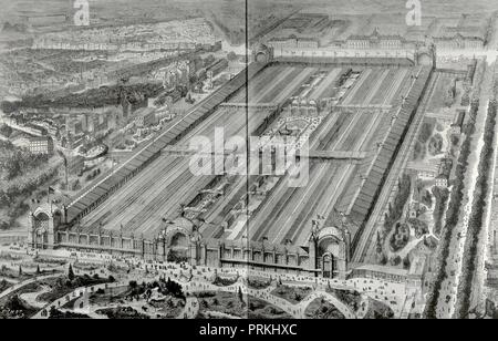 Francia. París. Exposición Universal de 1878. Vista generale del Palacio y de los jardines de la exposición en el Campo de Marte 'Champs de Mars'. Perspectiva de acuerdo a los planos del proyecto de Leopoldo Hardy, arquitecto y director de las obras. Grabado. La Ilustración Española y Americana, 22 de noviembre de 1876. Biblioteca Histórico Militar de Barcelona. Cataluña, España. Foto Stock