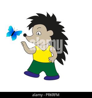Cartoon carino riccio e butterfly isolato su uno sfondo bianco. Illustrazione Vettoriale