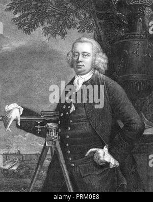 JAMES Danielle (1716-1772), ingegnere inglese specializzato in canali. L'incisione sulla base di un 1770 ritratto di Francesco Parsons con acquedotto Barton portante il fiume Irwell, vicino Manchester, in background Foto Stock