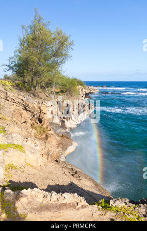 Un arcobaleno dal surf presso la costa meridionale in Kauai, Hawaii. Foto Stock