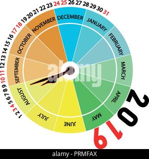 Vector 2019: Calendario di Agosto. Calendario originale con la forma di un orologio che indica il mese e la stagione dell'anno per colore. Illustrazione Vettoriale