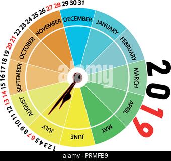 Vector 2019: Calendario di Luglio. Calendario originale con la forma di un orologio che indica il mese e la stagione dell'anno per colore. Illustrazione Vettoriale