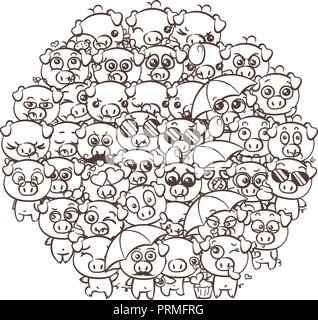 Sfondo con simpatici baby suinetti. Pastello immagine cartoon kawaii suini. Il vettore per disegnare a mano libera doodle fumetto gli Emoji art. Illustrazione per pagine da colorare un Illustrazione Vettoriale