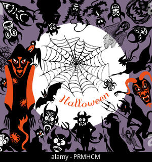 Sfondo di icone di Halloween con cornice rotonda. Modello per imballaggio, cartoline, posters, menu. stock illustrazione. Foto Stock