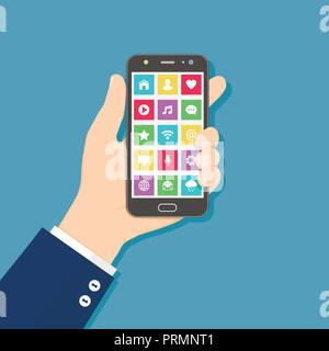 Mano che tiene il telefono cellulare con coloratissime icone delle applicazioni sullo schermo. Design piatto concetto. Illustrazione Vettoriale