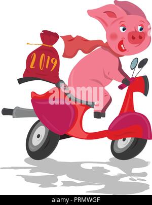 Funny pink pig rider su un rosso veloce scooter bici con borsa di natale Illustrazione Vettoriale