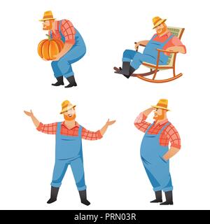 Set di quattro cartoni di vettore illustrazione di agricoltore indossando cappello di paglia e in generale usando gli attrezzi da giardino per varie attività di agricoltura isolati su whit Illustrazione Vettoriale