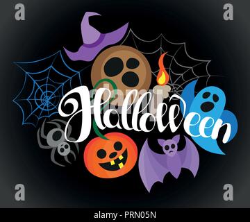 Happy Halloween, disegnati a mano scritte. Testo banner o lo sfondo per la festa di Halloween, scritto a mano illustrazione vettoriale. Illustrazione Vettoriale