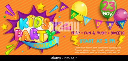 Ampia Super Kids party Banner in stile cartoon con palloncini, bandiere e telaio del braccio.Festa di compleanno, il posto per il gioco e il divertimento, bambini Sala giochi. Poster Illustrazione Vettoriale