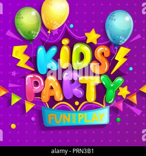 Kids party banner di benvenuto in stile cartoon con palloncini, bandiere e telaio del braccio.luogo di divertimento e di gioco, i bambini Sala giochi per la festa di compleanno. Poster Illustrazione Vettoriale