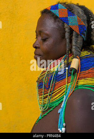 Vista laterale di una tribù Mumuhuila ritratto di donna, Provincia di Huila, Chibia, Angola Foto Stock