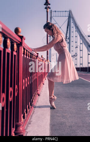 Bella piacevole giovane donna tenendo il ponte Foto Stock