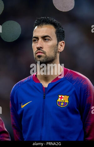 Lo stadio di Wembley, Londra, Regno Unito. 3° OTT 2018. Sergio Busquets di Barcellona durante la UEFA Champions League match tra Tottenham Hotspur e Barcellona allo Stadio di Wembley a Londra, Inghilterra il 3 ottobre 2018. Solo uso editoriale, è richiesta una licenza per uso commerciale. Nessun uso in scommesse, giochi o un singolo giocatore/club/league pubblicazioni. Credit: UK Sports Pics Ltd/Alamy Live News Foto Stock