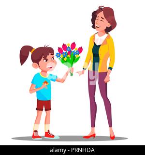 Bambina dà ai fiori di madre, Felice Festa della Mamma vettore. Presente, regalo. Illustrazione isolato Illustrazione Vettoriale