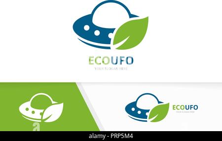 Vector UFO e foglia di combinazione di logo. Astronave e eco di simbolo o icona. Unico straniero e logotipo organico modello di disegno. Illustrazione Vettoriale