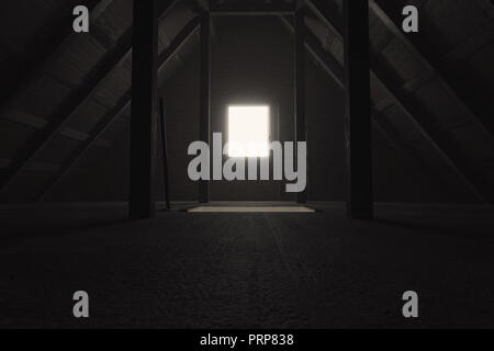 3D rendering di scurire attico vuoto con luce in corrispondenza della finestra Foto Stock