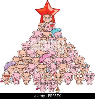 Anno nuovo sfondo con simpatici baby suinetti. Pastello immagine cartoon kawaii suini. Il vettore per disegnare a mano libera doodle fumetto gli Emoji art. Illustrazione per libri, Illustrazione Vettoriale