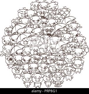 Sfondo con simpatici baby suinetti. Pastello immagine cartoon kawaii suini. Il vettore per disegnare a mano libera doodle fumetto gli Emoji art. Illustrazione per pagine da colorare un Illustrazione Vettoriale