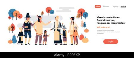 Nativi americani popolo indiano la Giornata del ringraziamento celebrando concetto uomini donne bambini group communication personaggio dei fumetti a piena lunghezza isolati copia orizzontale piana di spazio Illustrazione Vettoriale