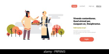 Native American Indian matura per celebrare la Giornata del ringraziamento concetto donna tenendo la Turchia uomo lady comunicazione personaggio dei fumetti a piena lunghezza isolati piana orizzontale e spazio di copia Illustrazione Vettoriale