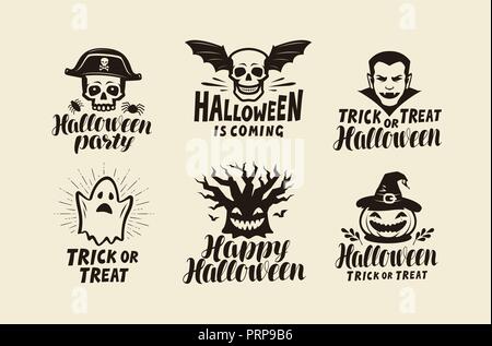 Halloween, set di etichette. Simbolo di vacanza. Lettering illustrazione vettoriale Illustrazione Vettoriale