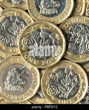 Still-life di close-up di British una libbra di monete, Greater London, England, Regno Unito Foto Stock