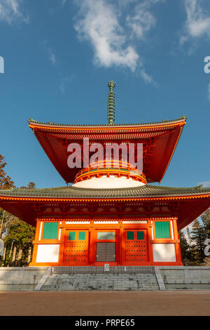 Danjogaran il centro religioso di Koyasan. Il complesso dispone di una ventina di templi ed edifici, incluso il Konpon Daito, 'Grande pagoda' . Foto Stock