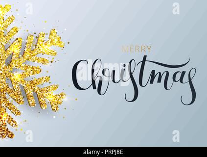 Biglietto di auguri, invito con felice anno nuovo 2019. Scritto a mano scritte. Metallizzate oro Natale il simbolo del fiocco di neve, decorazione, scintillante, shiny coriandoli Illustrazione Vettoriale