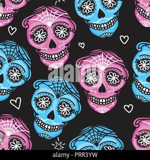 Calavera segno Dia de los Muertos. Mexican giorno dei morti. Modello senza giunture. Vettore darwing mano illustrazione donna e uomo Illustrazione Vettoriale