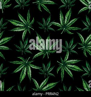 Modello senza cuciture con foglia di marijuana. Disegnata a mano di cannabis di design. Colore Vintage vettore illustrazione incisione per etichetta, poster, web. Isolato su blac Illustrazione Vettoriale