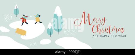 Buon Natale e Felice Anno Nuovo illustrazione dei ragazzi che giocano con la neve in inverno il paesaggio del parco. Carino il design di vacanza per i banner web o il messaggio di saluto auto Illustrazione Vettoriale