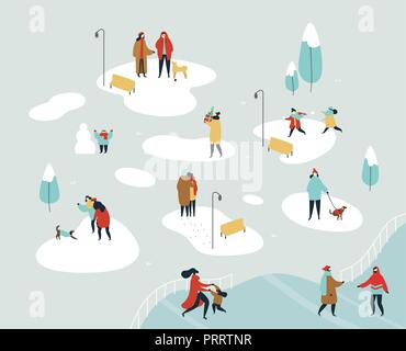 Gruppo di persone facendo attività invernali sulla neve parco paesaggio - giocando con il cane, snowball lotta, amici di parlare. Appartamento vacanza stile illustrazione per c Illustrazione Vettoriale