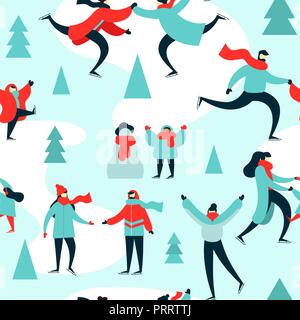 Stagione di Natale seamless pattern di diverse persone pattinaggio su ghiaccio al parco all'aperto d'inverno. Vacanze di Natale sfondo con donne, uomini e bambini su sn Illustrazione Vettoriale