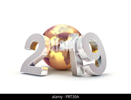 2019 Anno Nuovo numero composto con un Golden Planet Earth, incentrata sull'Europa e Africa, isolati su bianco - 3D illustrazione Foto Stock