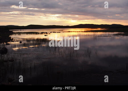Un tramonto vista su un piccolo lago vicino a spiaggia Achnahaird, Scozia con in primo piano le piante di acqua Foto Stock