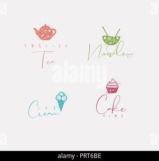 Segno alimentare lettering tè inglese, tagliatelle, gelati, torte tempo di disegno con colori in stile minimalista Illustrazione Vettoriale