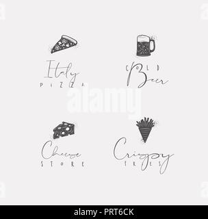 Segno alimentare lettering italia pizza e birra fredda, formaggio store, patatine fritte e croccanti disegno in stile minimalista Illustrazione Vettoriale