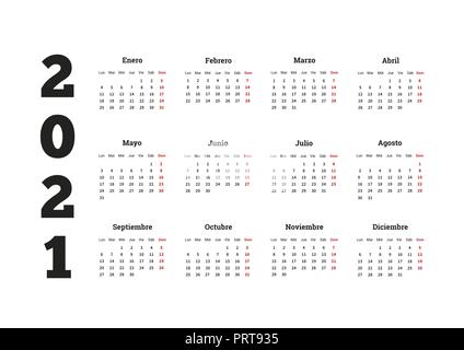 2021 anno di calendario semplice in spagnolo, isolato su bianco Illustrazione Vettoriale