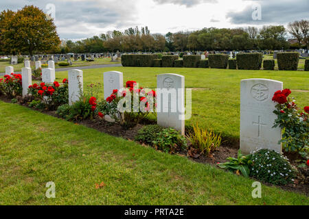 Una bella mostra di rose rosse lungo una fila di tombe di guerra di soldati e marinai mercantili ucciso nella guerra mondiale 2 e fu sepolto nel cimitero di Acklam Middlesbro Foto Stock